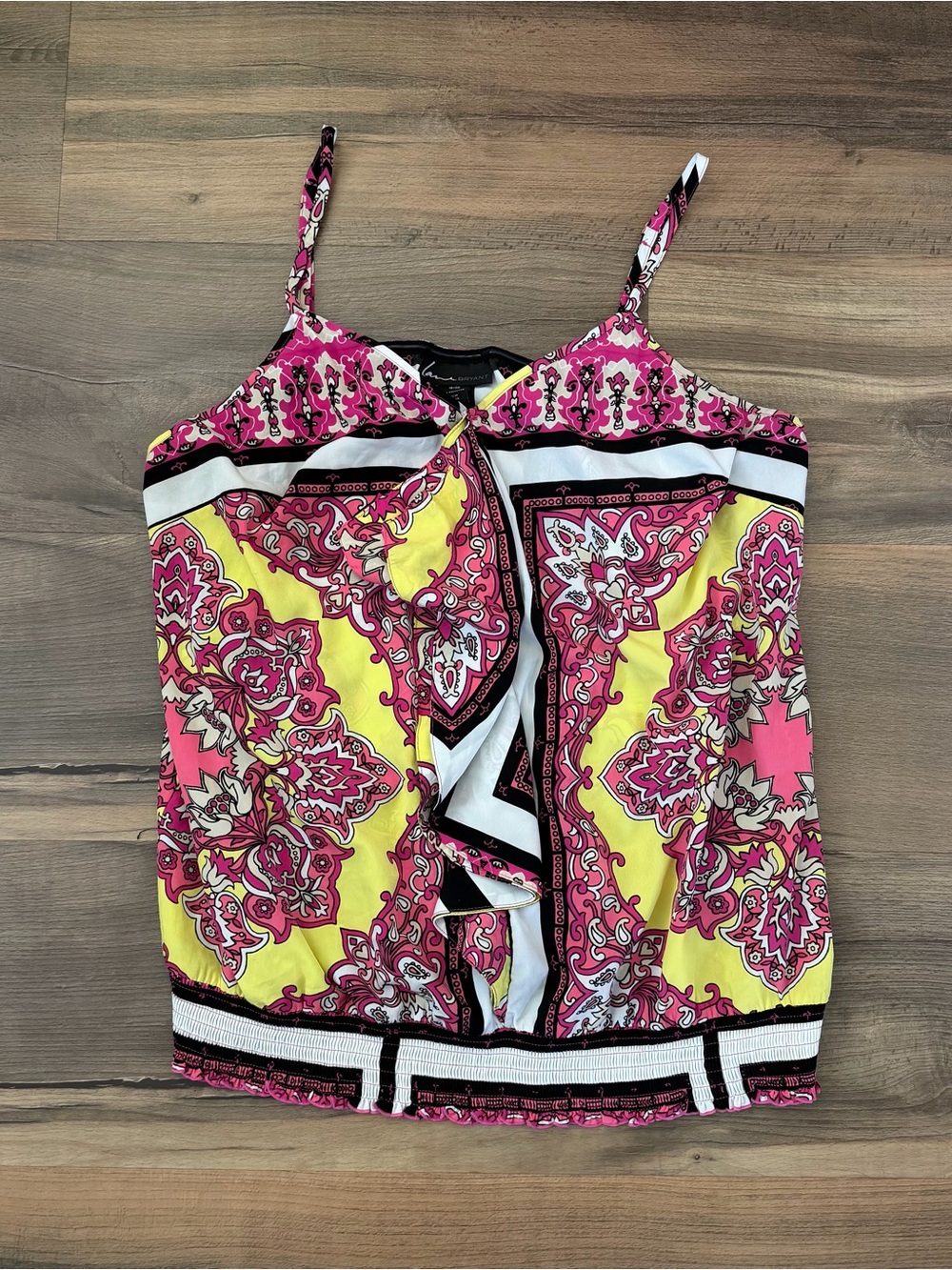 Lane Bryant Spaghetti Strap Pink & Yellow Paisley Ruffle Front Top Size 18/20